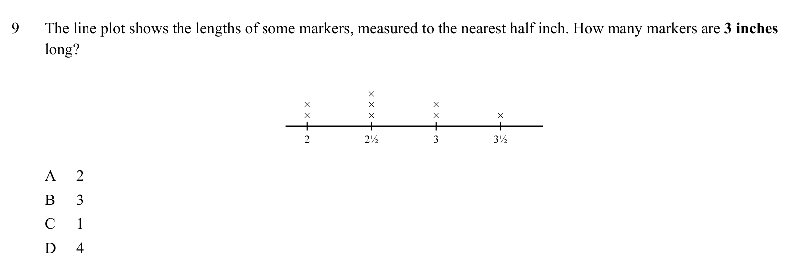 Practice question 9, built on a line plot: The line plot shows the lengths of some markers, measured to the nearest half inch.