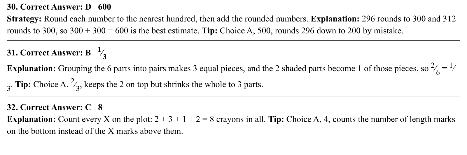 Worked answers for questions 30 to 32, each giving the correct answer and the steps of the solution.